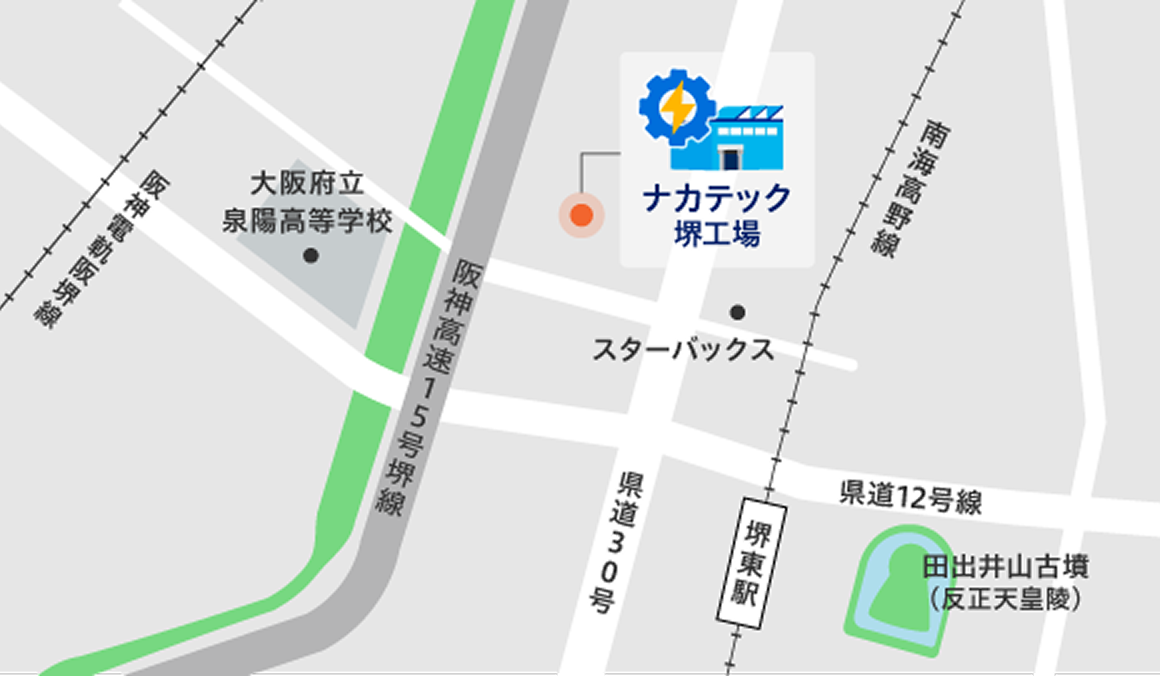 堺工場　〒590-0071　大阪府堺市堺区北向陽町1-4-27